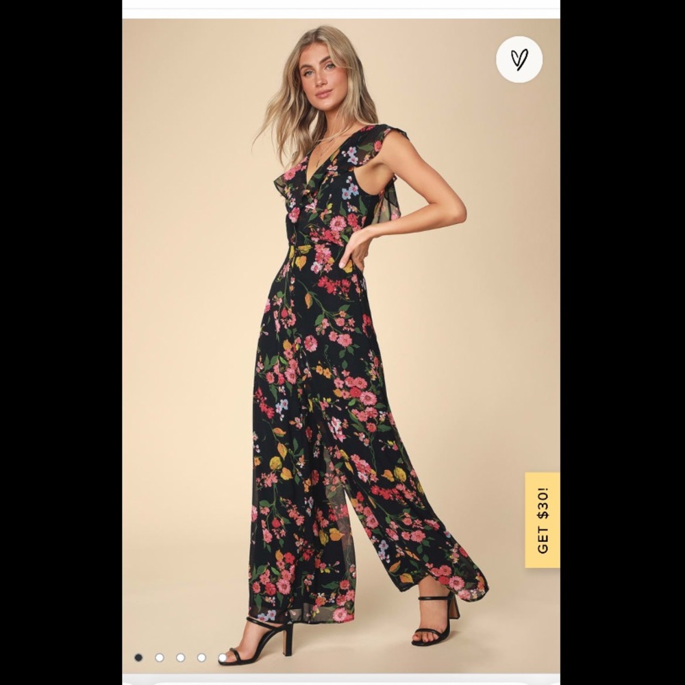 Lulus Blooming love black floral print ruffled jumpsuit size medium with tags.